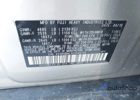 2016 Subaru Outback 2.5I Limited from USA, damaged, VIN 4S4BSBNC3G3340720